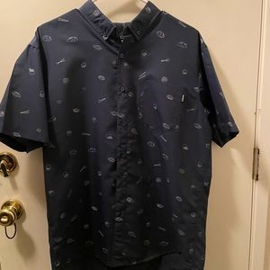(3)-Mens button down shirt, blue, sushi print